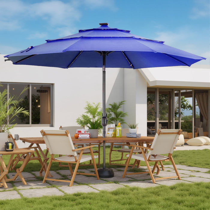 Blorly 9.2FT 3-Tier Patio Outdoor Umbrella,Solar 32 LED Lighted Table Market Umbrella with Tilt Adjustment, Easy Crank,for Garden, Deck, Backyard, Pool and Beach,Blue