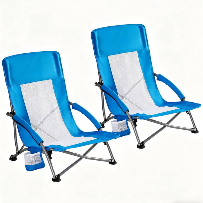 Simenmax Low Beach Chair Set of 2 – Folding Camping Chair for Adults, Low Profile Lawn Chair with Cup Holders for Outdoor, Travel, Concerts, Beach,Blue