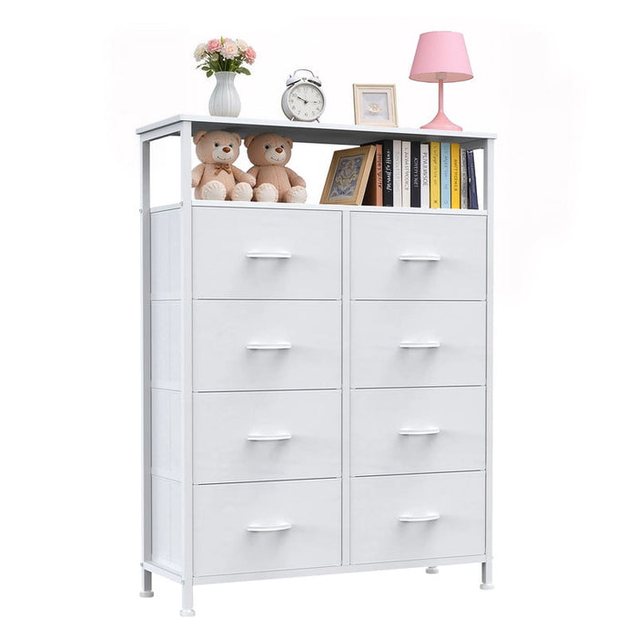 Simenmax 8-Drawer Fabric Dresser, Tall Vertical Chest of Drawers with Raised Shelf, Heavy-Duty Metal Frame Storage Tower with Fabric Bins for Closet, Hallway, Entryway,White