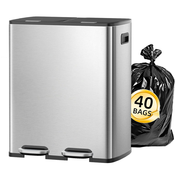 Simenmax 60L Dual Compartment Trash Can, Stainless Steel Sealed Kitchen Garbage Bin with Soft-Close Pedal
