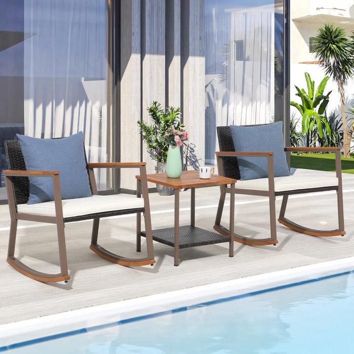 Sybels 3-Piece Wicker Rocking Patio Set with Coffee Table, Outdoor Conversation Seating for Garden and Porch, White