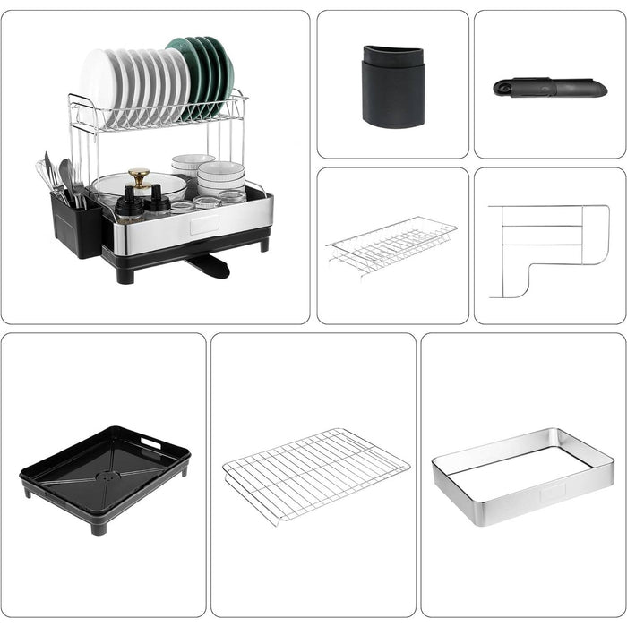 2-Tier Stainless Steel Dish Drying Rack, Extra Large Capacity Dish Rack and Drainboard Set with Cutlery Holder for Kitchen Counter