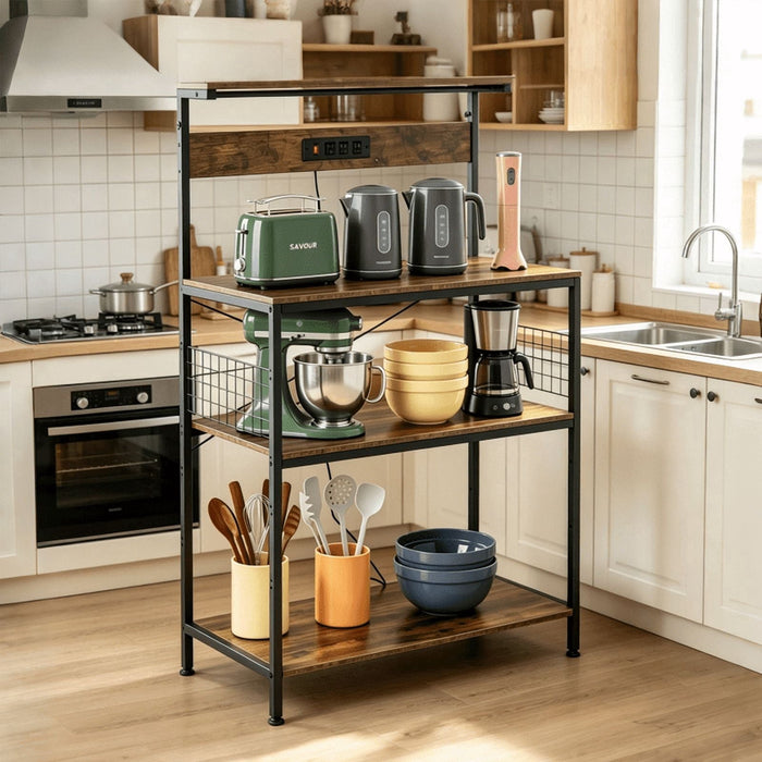 Betcozy Baker's Rack with Power Outlet, 4-Tier Kitchen Storage Shelf with Waterproof & Anti-Scratch Desktop, Industrial Coffee Bar Station for Microwave, 31.5" Wide, Rustic Brown