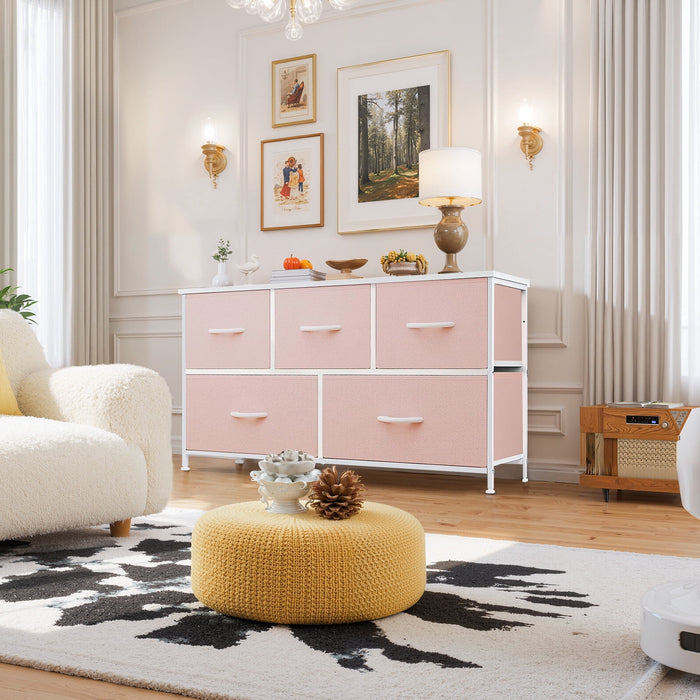 Betcozy Dresser, Storage Organizer with 5 Drawers for Bedroom, Chest of Drawers with Fabric Bins, Sturdy Metal Frame, Wood Tabletop, Pink