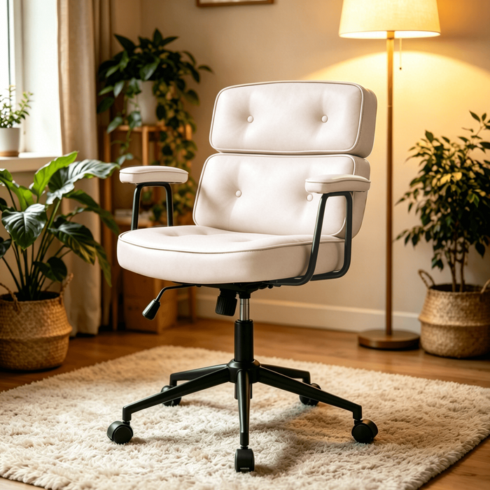 Betcozy Mid-Century Modern Desk Chair, Comfortable Tufted Leather Computer Chair with Padded Arms, Cozy Swivel Lounge Task Chair for Writing, Studying, Reading & Creative Studio,Pink