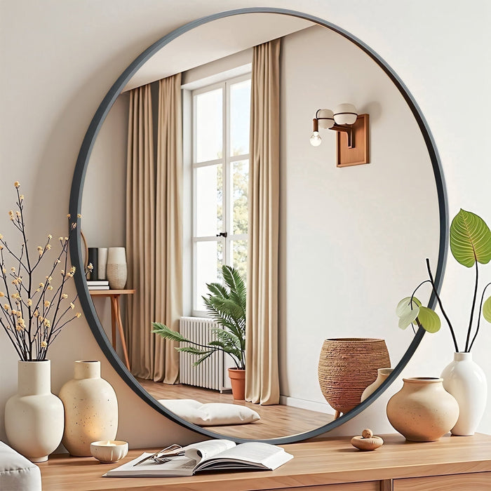 Taoset Wall Mirror, 24 inch Round Circle Vanity Mirror for Living Room, Bedroom, Rustic, Black Metal Frame