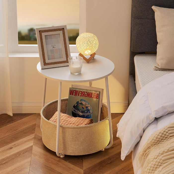 Small Round Side End Table for Living Room, Modern Nightstand Bedside Table with Fabric Basket for Bedroom - White