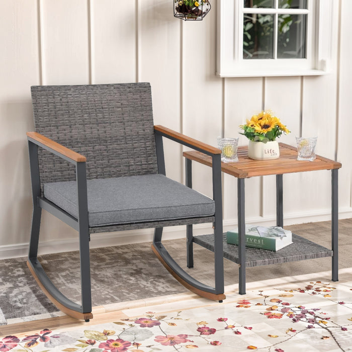 3-Piece Patio Set, Outdoor Wicker Bistro Set, Rattan Chair Conversation Sets with Coffee Table and Cushions, Gray