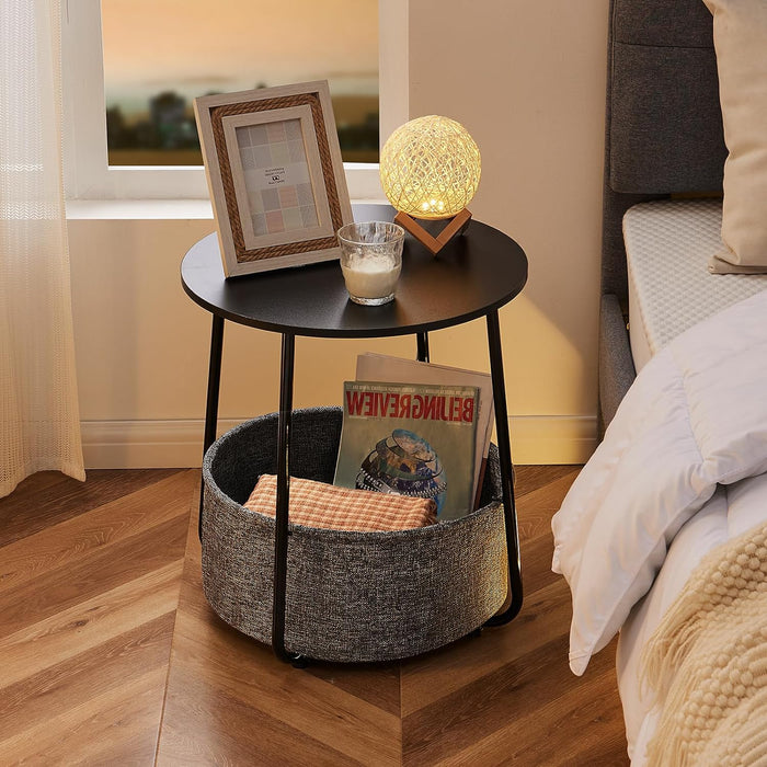 Small Round Side End Table for Living Room, Modern Nightstand Bedside Table with Fabric Basket for Bedroom - Black