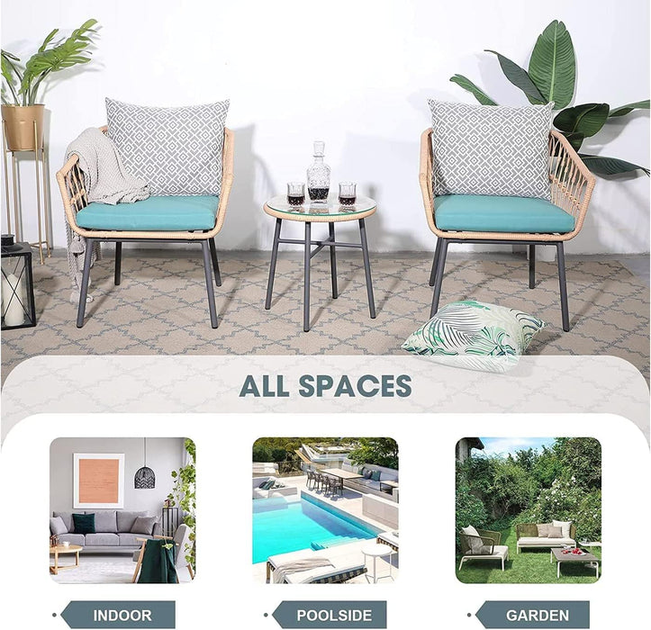 TINKLE WELL 3-Piece Outdoor Patio Set, Furniture Green Wicker Bistro Chairs with Tempered Glass Coffee Table for Garden, Balcony, Poolside