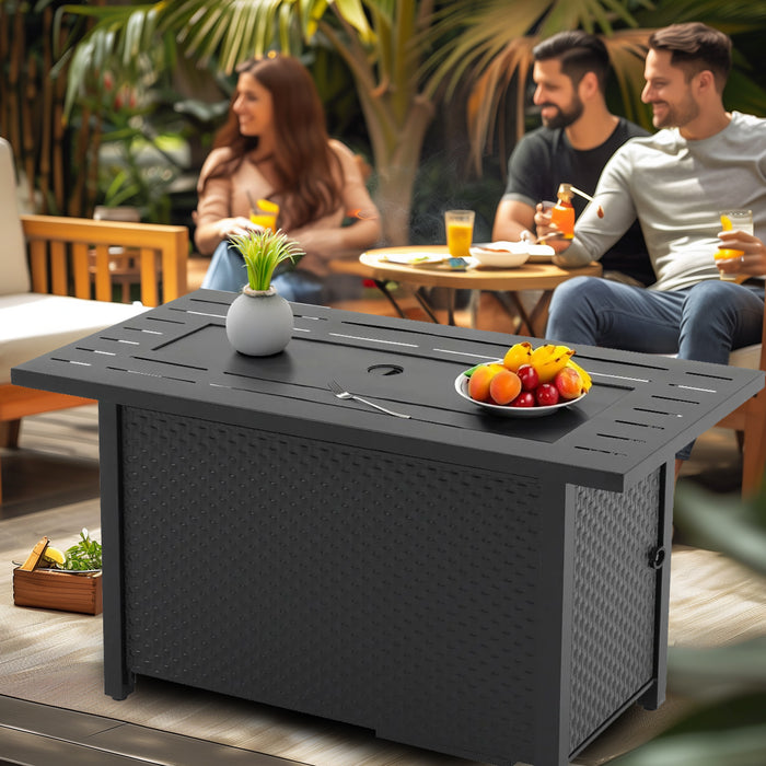 Betcozy Propane Fire Pit 45 Inch Rectangle Outdoor Gas Fire Pits, 50,000 BTU Fire Table with Steel Tabletop, Glass Wind Guard, Blue Glass Stone and Waterproof Cover for Outside Patio, Garden, Deck, Yard