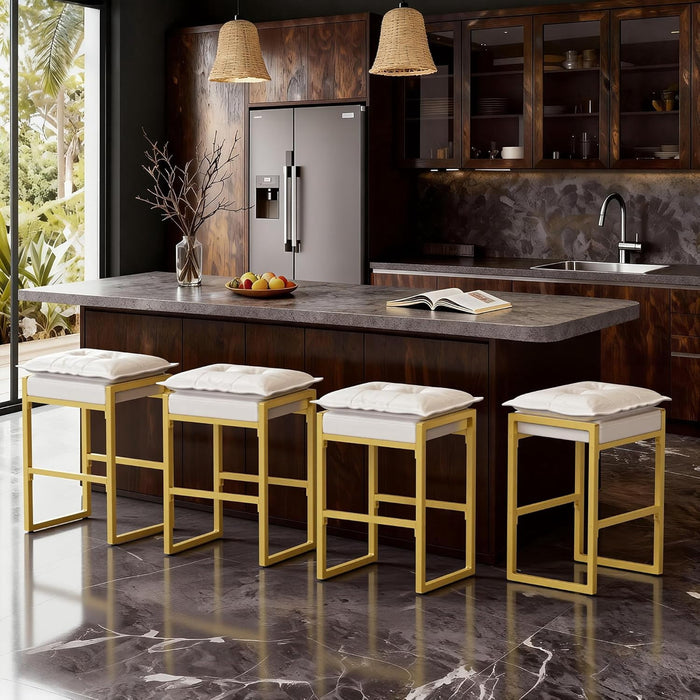 Betcozy 3 PCS Counter Height Bar Stools, Industrial Backless Kitchen Island Stools with Double-Layered Tufted Leather Cushion, Modern Square Metal Frame Dining Chairs with Footrest, White