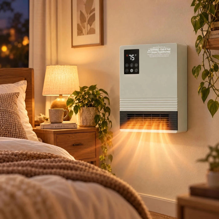 Betcozy 1500W Wall Mounted Electric Space Heater with Remote, Adjustable Thermostat, 750W/1500W Heat Settings, 15-Hour Timer, Child Lock, Gray