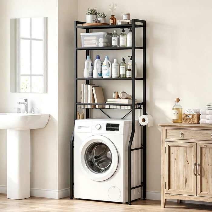 Bigleap 4-Tier Over-The-Toilet Storage Rack – Adjustable Shelves, Space-Saver Bathroom Organizer with Paper Holder & Hooks, Black