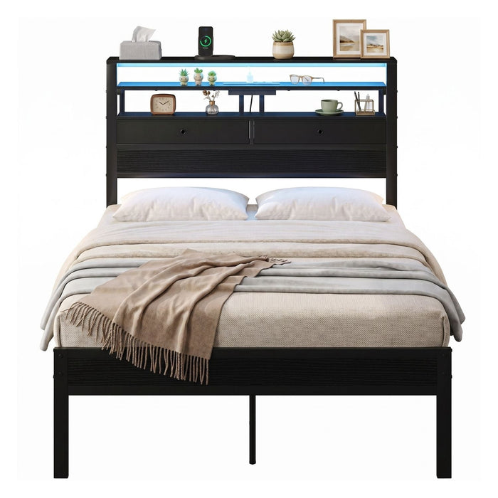 Taoset Twin Bed Frame with LED Lights & Charging Station, Heavy-Duty Metal Bedframe with Headboard, Storage Drawers, Under Bed Storage for Bedroom, No Box Spring Needed, Black