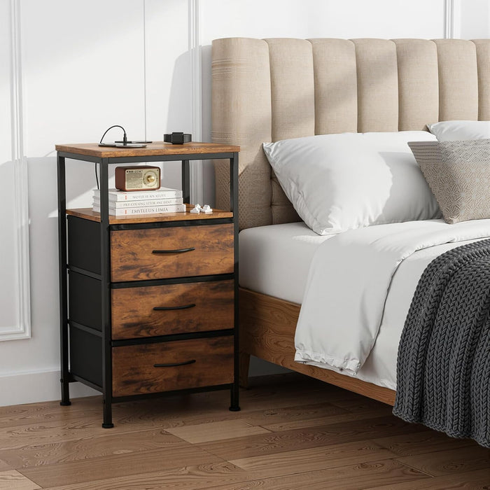Blorly Smart Nightstand with LED Lights & Charging Station | Remote App Control Bedside Table | 2 AC Outlets, USB-C Port, 3 Drawer Storage | Modern End Table for Bedroom, Rust