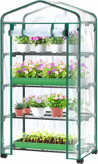 Simenmax 4-Tier Portable Mini Greenhouse, 27'' Plant Shelter with PVC Cover, Roll-Up Door & Stable Stand for Seedling, Herbs, Flowers,Clear