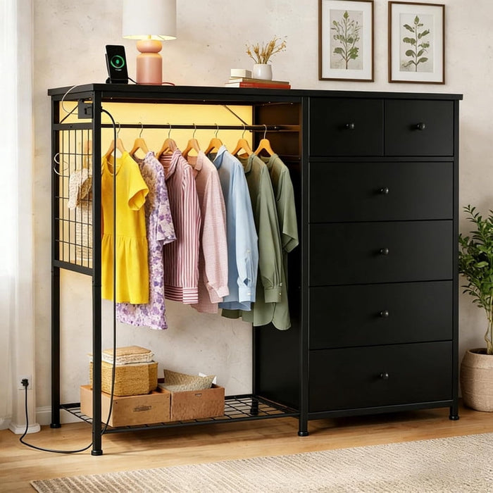 Simenmax 6-Drawer Storage Closet with LED Lights & Charging Station, 49.2" Wide Wooden Wardrobe Rack with Fabric Bins,Portable Clothing Organizer for Bedroom, Entryway, Black