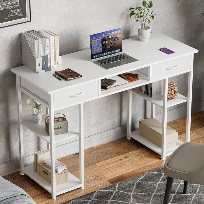 Betcozy Writing Desk, 48 Inch White Long Desk With Fabric Storage Drawers, Computer Desk for Bedroom, Gaming, Writing, Study
