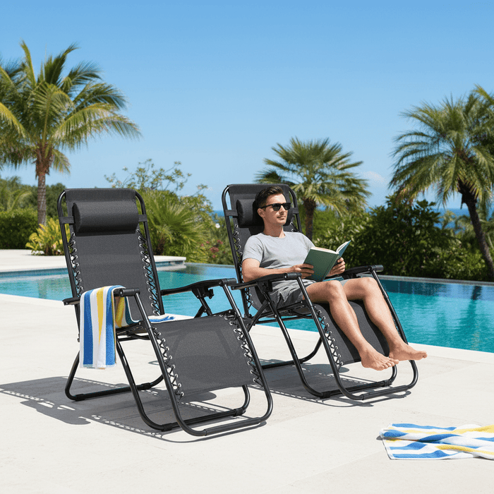 Blorly Adjustable Zero Gravity Chair Set of 2 , With Pillow and Cup Holder, Lounge Chair Recliners for Patio, Poolside, Garden, Backyard, Lawn (Black)