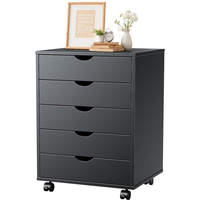 Simenmax 5 Drawer Chest Mobile Storage Cabinets Wooden Dresser with Wheels Room Organization Furniture for Office, Black