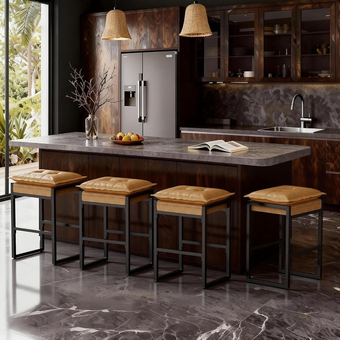 Betcozy 3 PCS Counter Height Bar Stools, Industrial Backless Kitchen Island Stools with Double-Layered Tufted Leather Cushion, Modern Square Metal Frame Dining Chairs with Footrest, Caramel Brown
