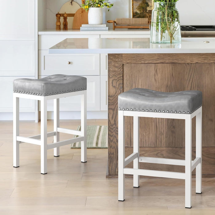 Blorly Saddleback Bar Stools, Backless Counter Stools, Metal Base with Modern PU Leather Saddle Seats, Gray, Set of 2