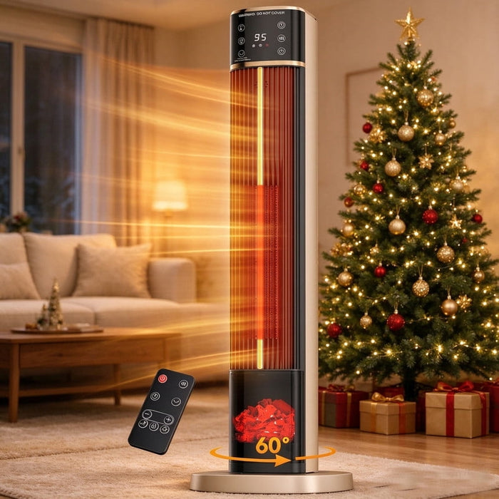 Simenmax 1500W Space Heater, Tower Electric Heater with Remote, 15H Timer,Flame-Effect Panel,Tip-Over & Overheat Protection,Gold