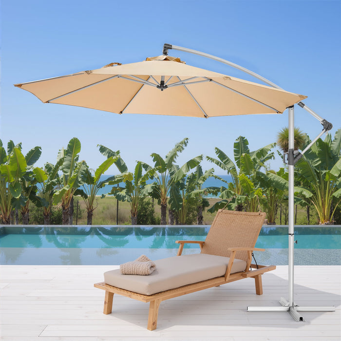 Betcozy 10' Outdoor Patio Umbrella, Offset Hanging Umbrella, UPF50+ Large Umbrella for Patio, Yard, Pool Side, 8 Sturdy Ribs, Push Button Tilt and Crank, Beige