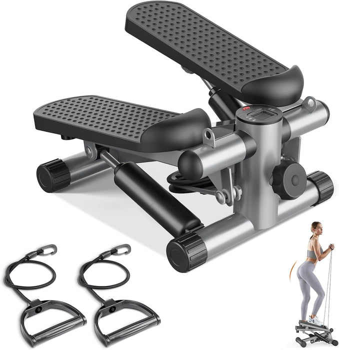 Simenmax Portable Stair Stepper with Resistance Bands, 300LBS Capacity Mini Stepper Machine for Full Body Workout at Home or Office, Quiet Twist Stepper for Fitness, Sliver