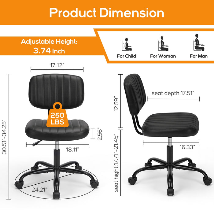 Aidoly Office Desk Chair, Armless Computer Chair with Lumbar Support, PU Leather Low Back Task Chair with Wheels