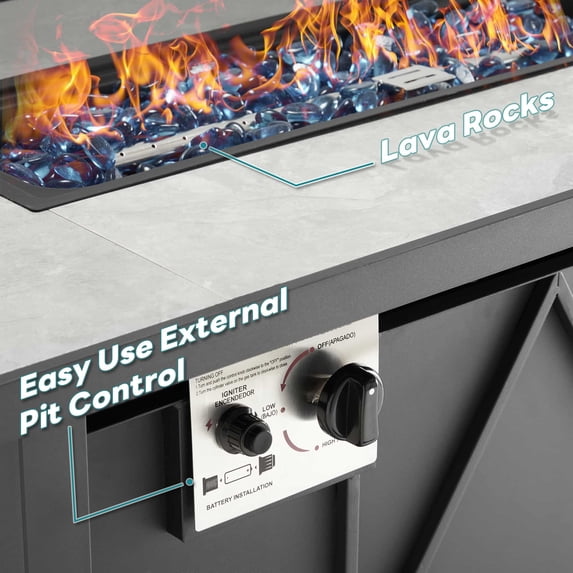 43 Inch Outdoor Propane Fire Pit Table, 50,000 BTU Rectangular Gas Fire Table with Diamond Steel Frame & Stone-Look Tabletop, Propane Fire Table for Patio Backyard, Tank Storage Space