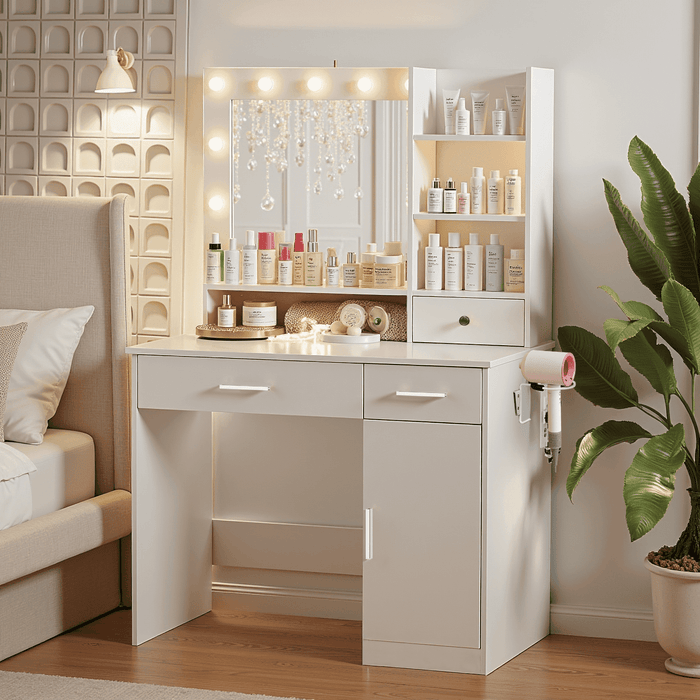 Taoset White Vanity Desk with Mirror, Makeup Vanity Table with LED Lights and Power Outlet, 3 Drawer, 4 Shelves, 1 Cabinet