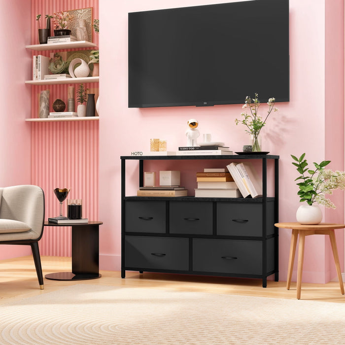 Blorly Small TV Stand, Black Dresser TV Stand for Bedroom, Entertainment Center for 45 Inch TV with Drawers, Fabric, Adjustable Feet, Living Room