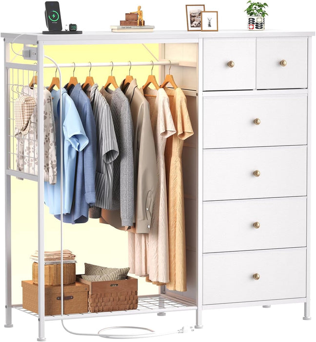 Taoset 6-Drawer Dresser with Clothes Rack & Charging Station, Garment Rack with Hanging Rod & Side Hooks, Free Standing Closet Organizer Storage Shelves for Bedroom, Cloakroom, White