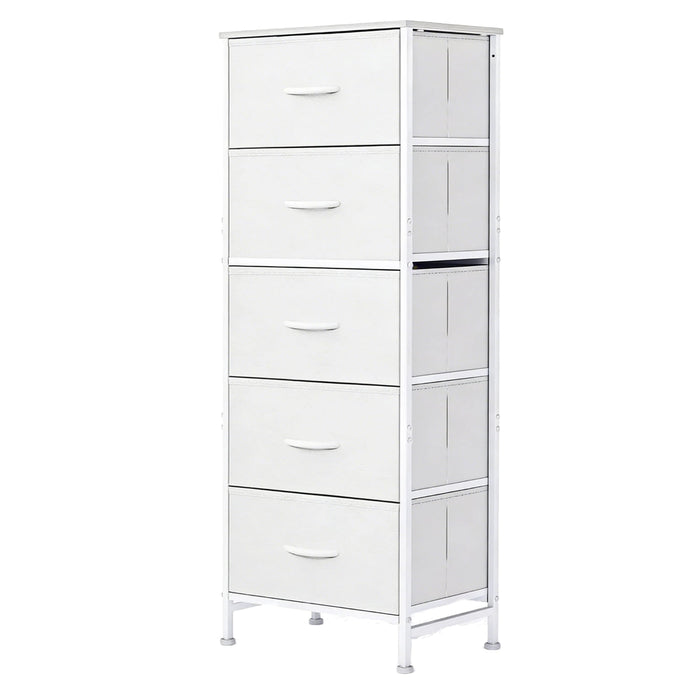 Nextay Nightstand 5-Drawer Fabric Dresser Bedside Table with Sturdy Steel Frame, Tall Storage Tower Chest with Wood Top for Bedroom, Closet, Living Room, White