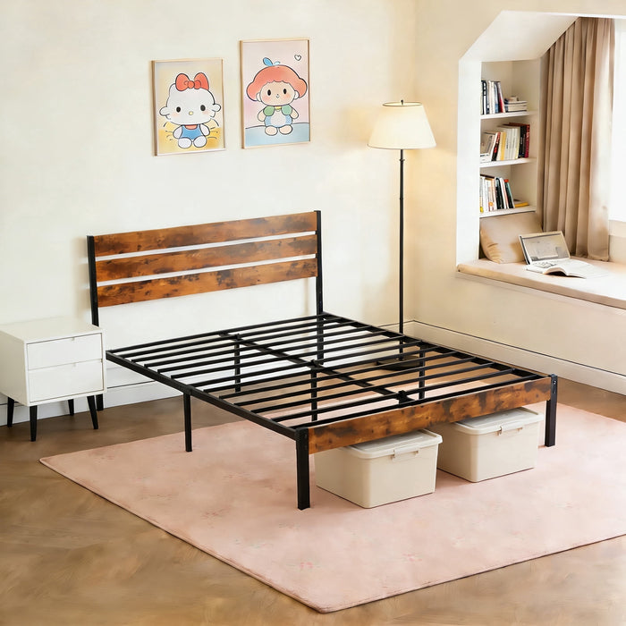 Nextay Metal Platform Bed Frame with Wooden Headboard and Footboard, Industrial Design with Under Bed Storage, Full Size