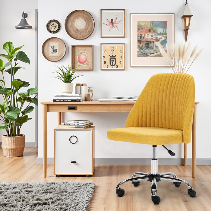 Blorly Colorful Linen Desk Chair, Comfy Thick Seat with Swivel Wheels, Armless Task Chair, Yellow