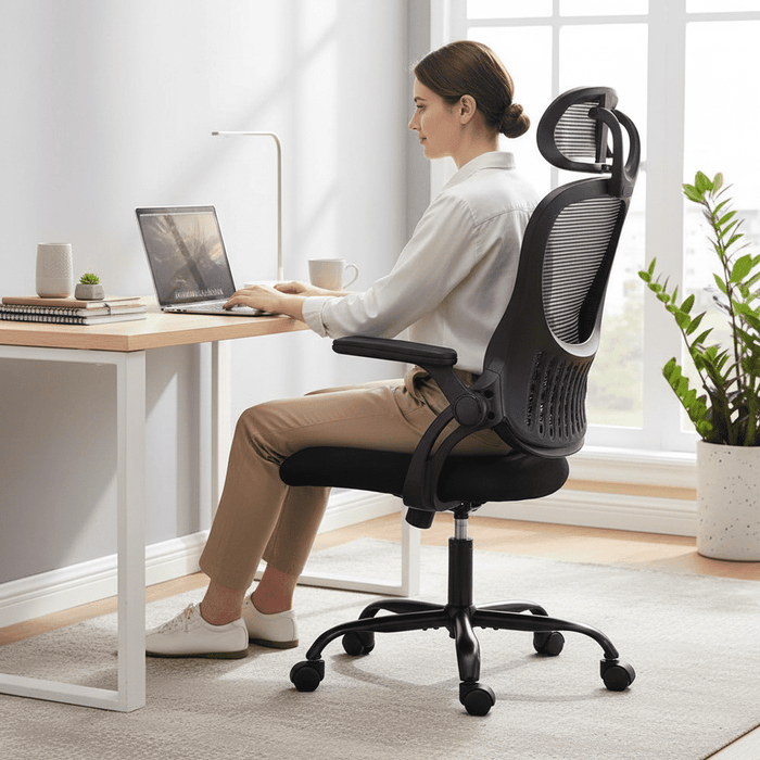 Betcozy Ergonomic Office Chair, Mesh Chair with High Back, Lumbar Support, Headrest and Flip-up Armrests, Rolling Work Swivel Task Chairs for Home Office, Black