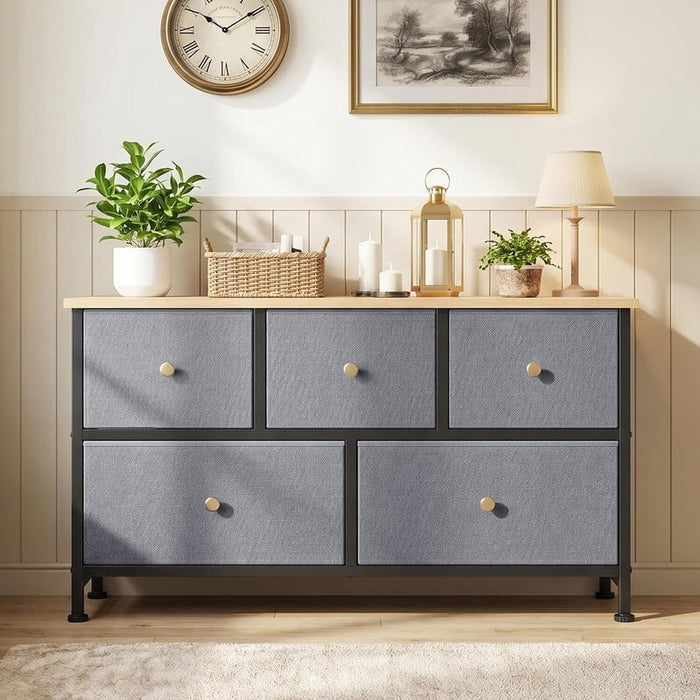 Simenmax 5 Dresser for Bedroom, 5 Storage Drawers, Wide Fabric Closet Chests Organizer Tower Furniture with Wooden Top Metal Frame for Clothes, Room, Living Room, Hallway, Entryway, Gray Blue