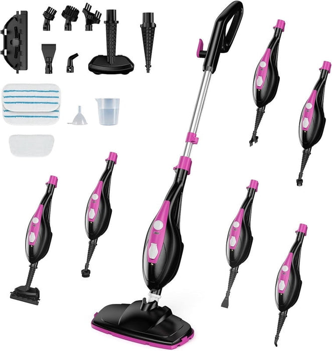 Simenmax 10-in-1 Steam Mop, 1550W Detachable Handheld Steam Cleaner with 14 Accessories for Hardwood, Tile, Carpet, Grout, and Windows, Black Pink