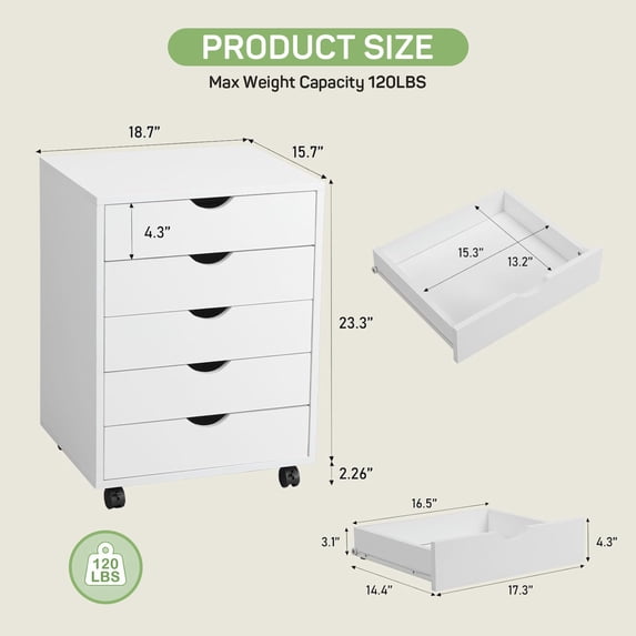 Drawer Wood File Cabinet with Wheels, Rolling Storage Organizer for Home Office