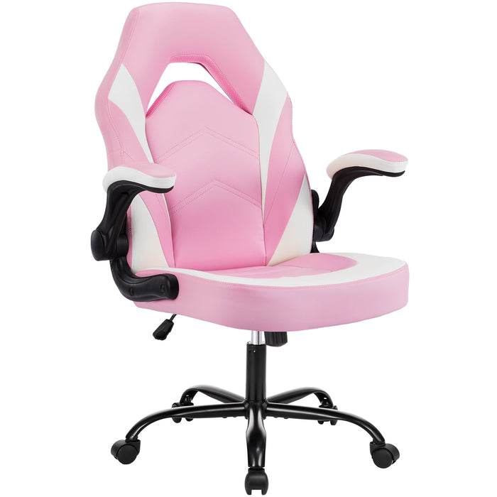 Taoset PU Leather Video Game Chair with Headrest and Lumbar Pillow, Fixed Armrests, Tilt‑Lock for Gaming Room, Pink