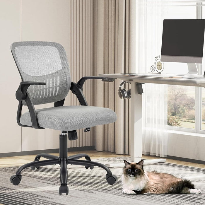 Bigleap Ergonomic Mesh Office Chair with Flip-Up Arms, 250lbs Capacity Mid-Back Desk Chair for Small Spaces,Gray
