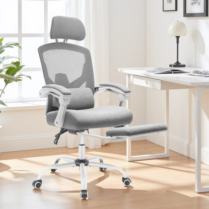 Betcozy Ergonomic Office Chair with Footrest, Swivel Mesh Chair with Lumbar Support, Headrest and Flip-up Armrests for Home Office, Gray