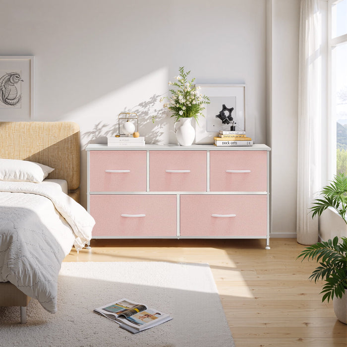 Betcozy Dresser, Storage Organizer with 5 Drawers for Bedroom, Chest of Drawers with Fabric Bins, Sturdy Metal Frame, Wood Tabletop, Pink