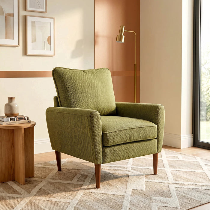 Modern Accent Chair with Armrests, Fabric Upholstered Comfy Single Sofa with Solid Wood Leg for Living Room, Green