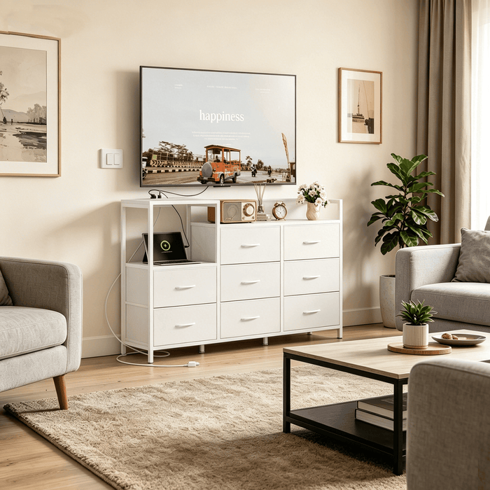 Blorly 8-Drawer Console for Wall-Mounted TV, 48" Media Dresser with Built-in Charging Station, Heavy-Duty 1.5mm Steel Frame, Minimalist Under-TV Storage for Bedroom & Living Room,White