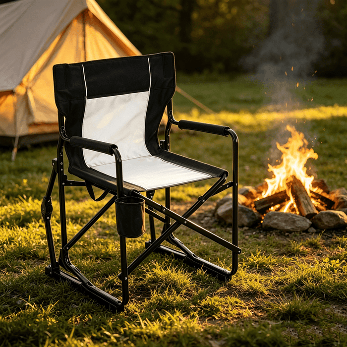 Betcozy Folding Rocking Directors Chair, Heavy-Duty Steel Frame 600D Oxford Fabric Rocking Camping Chair with Cup Holder, Portable Lawn Chair for Patio, Campsite, Beach, Fishing, Black