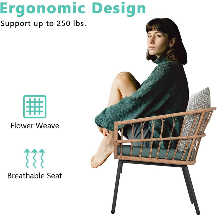 3-Piece Patio Set, Outdoor Wicker Bistro Set, Rattan Chair Conversation Sets with Coffee Table and Cushions, Turquoise/Gray